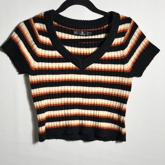 Volcom Black Orange Cream Striped Knit Top Small - Picture 2 of 9